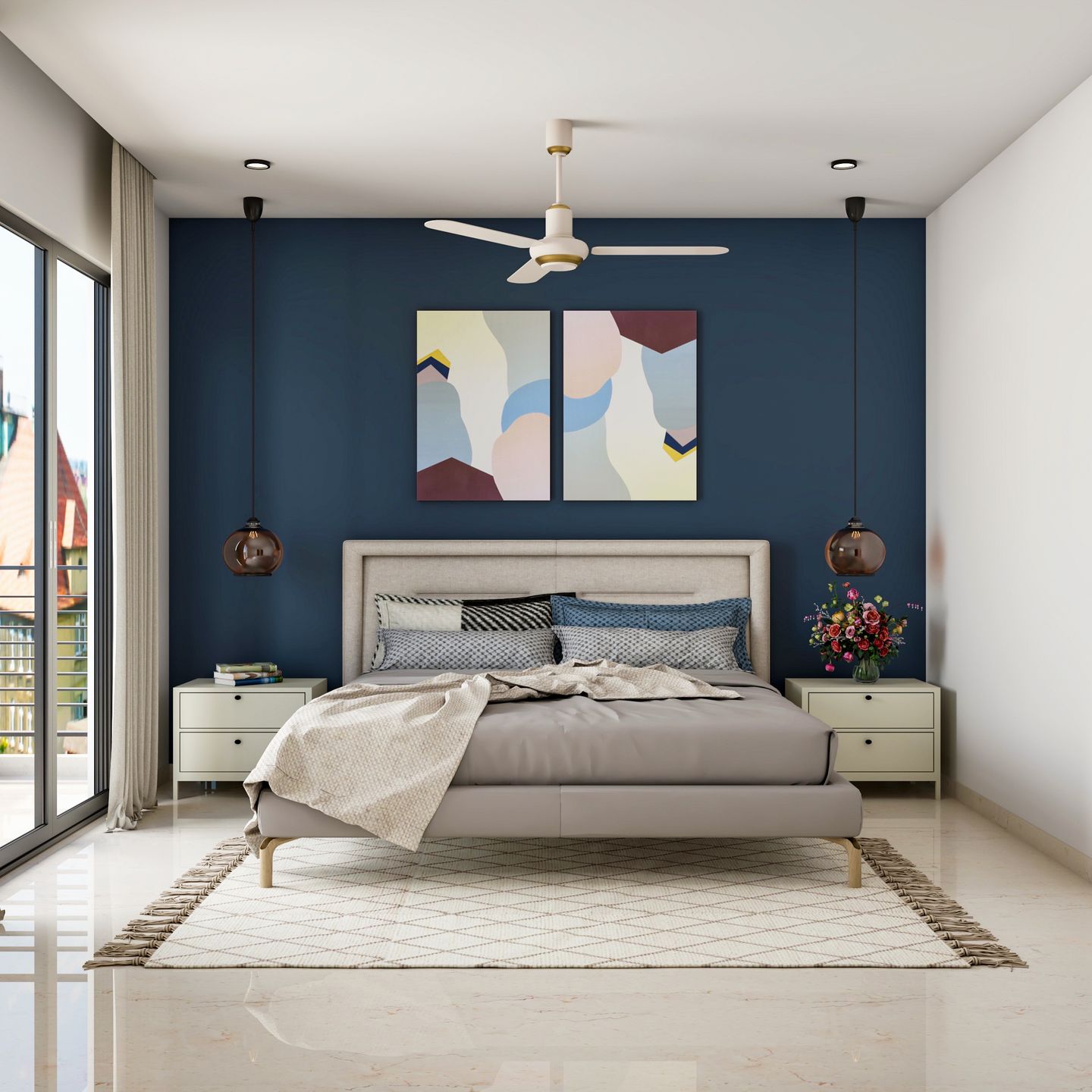 Master Bedroom Design with Dark Blue Accent Wall and Hanging Pendant