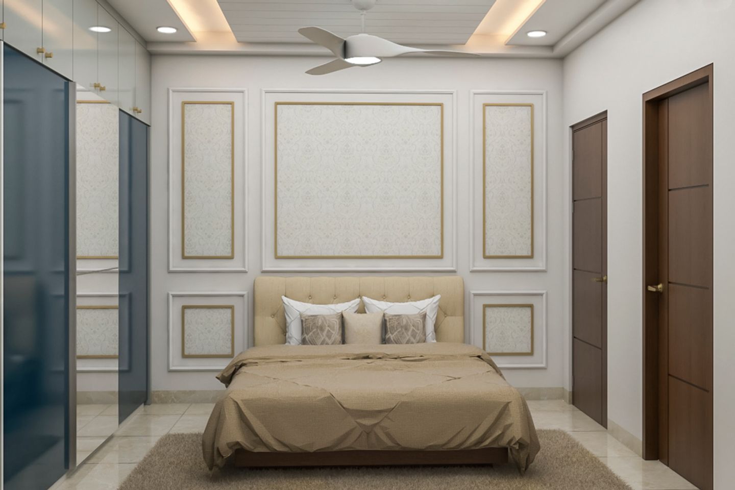Classic Master Bedroom Design With Wall Trims And Blue Sliding Wardrobe ...