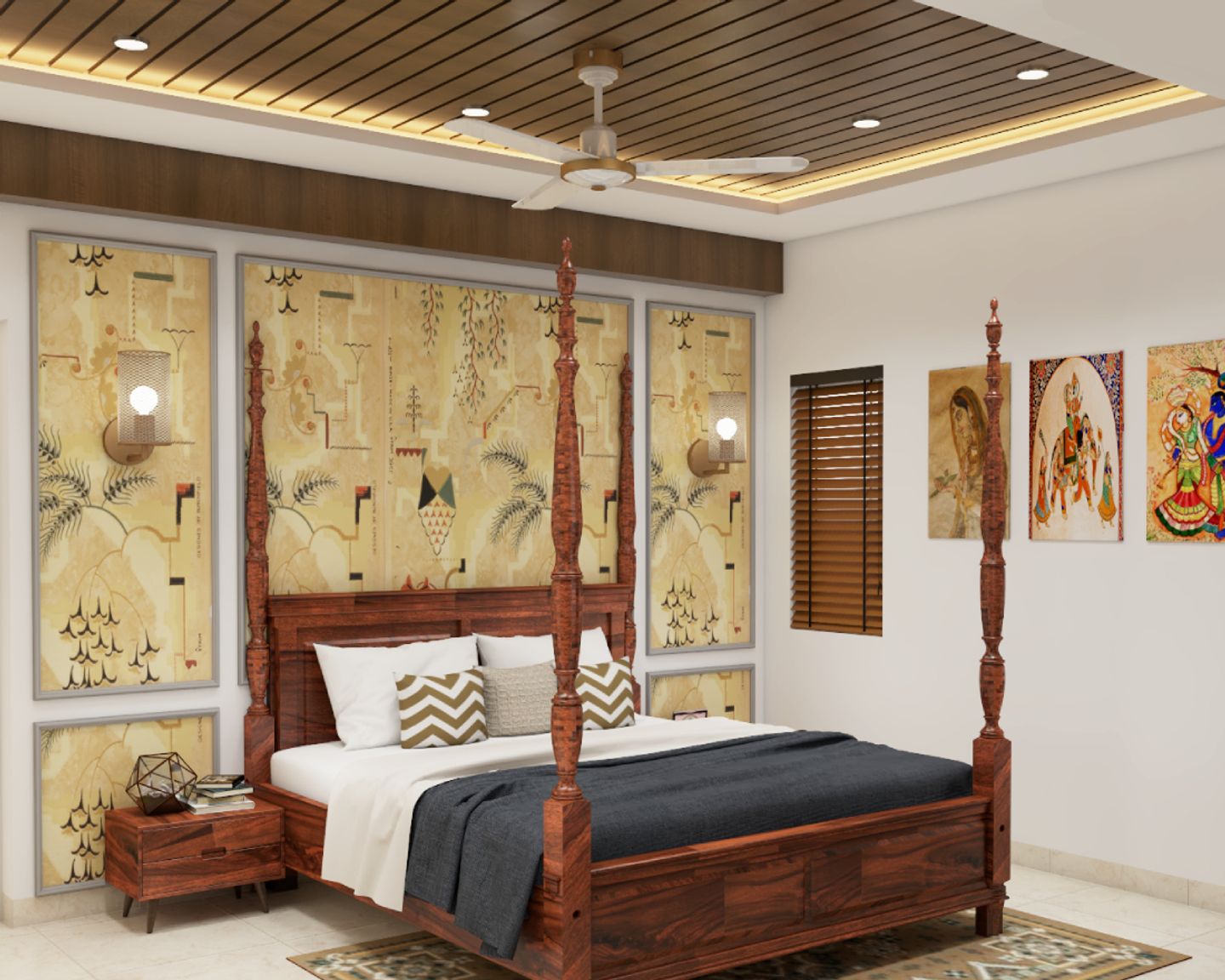 Indian Traditional Spacious Master Bedroom Design With Wall Trims 