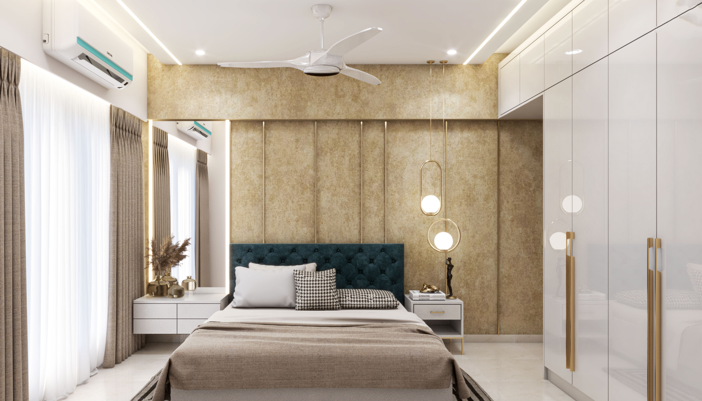 Contemporary Spacious Master Bedroom Design With White Dresser | Livspace