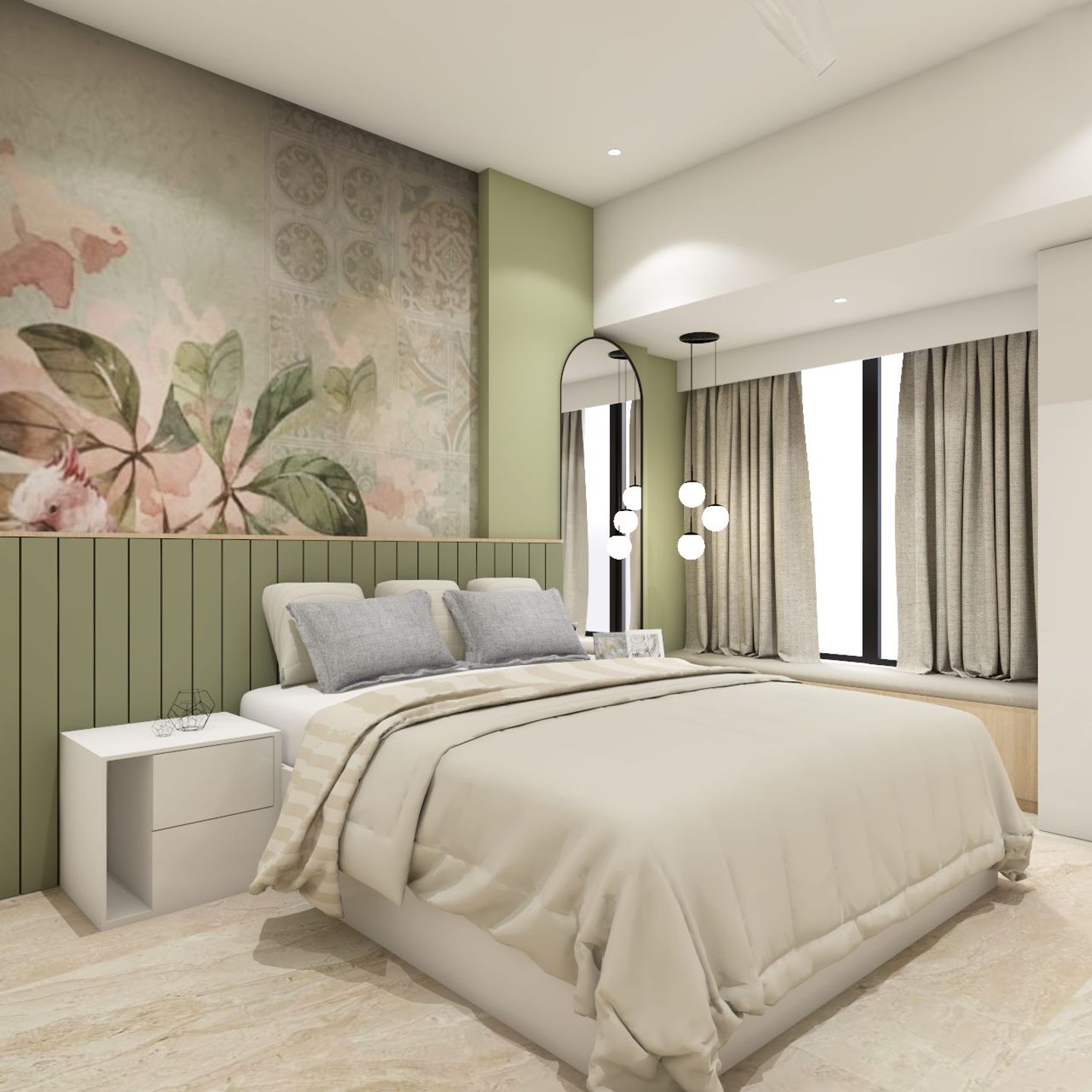 Modern Bedroom Design with Pastel Green Headboard and Floral Wallpaper Livspace