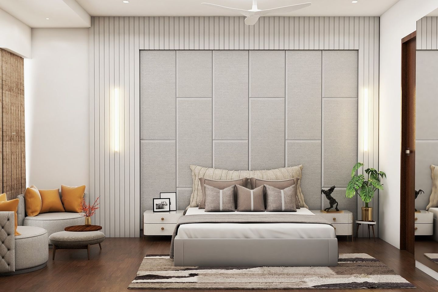 Master Bedroom Design With Cushioned Grey Headboard And Wooden Rafters