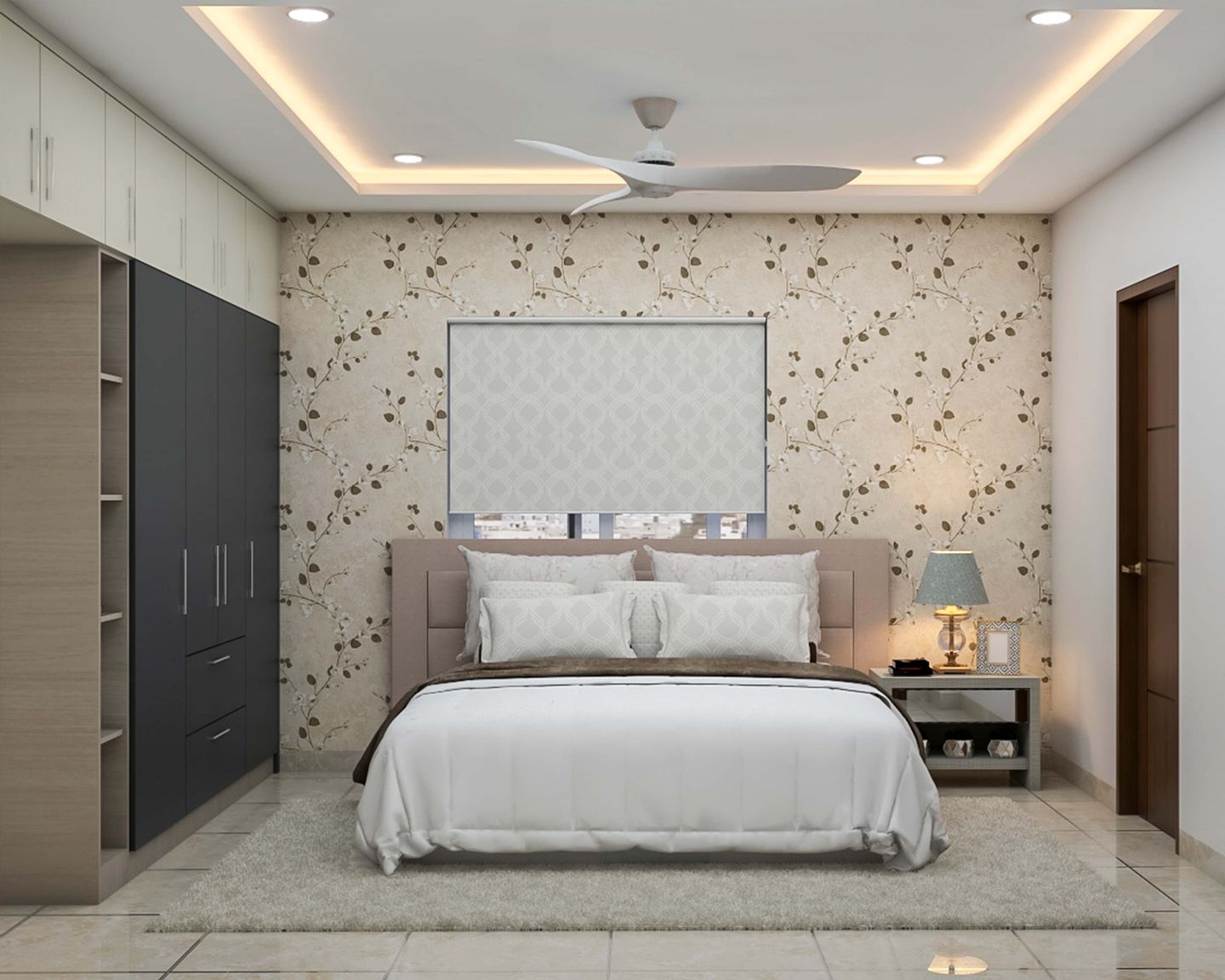 Contemporary Spacious Master Bedroom Design With Beige Headboard | Livspace