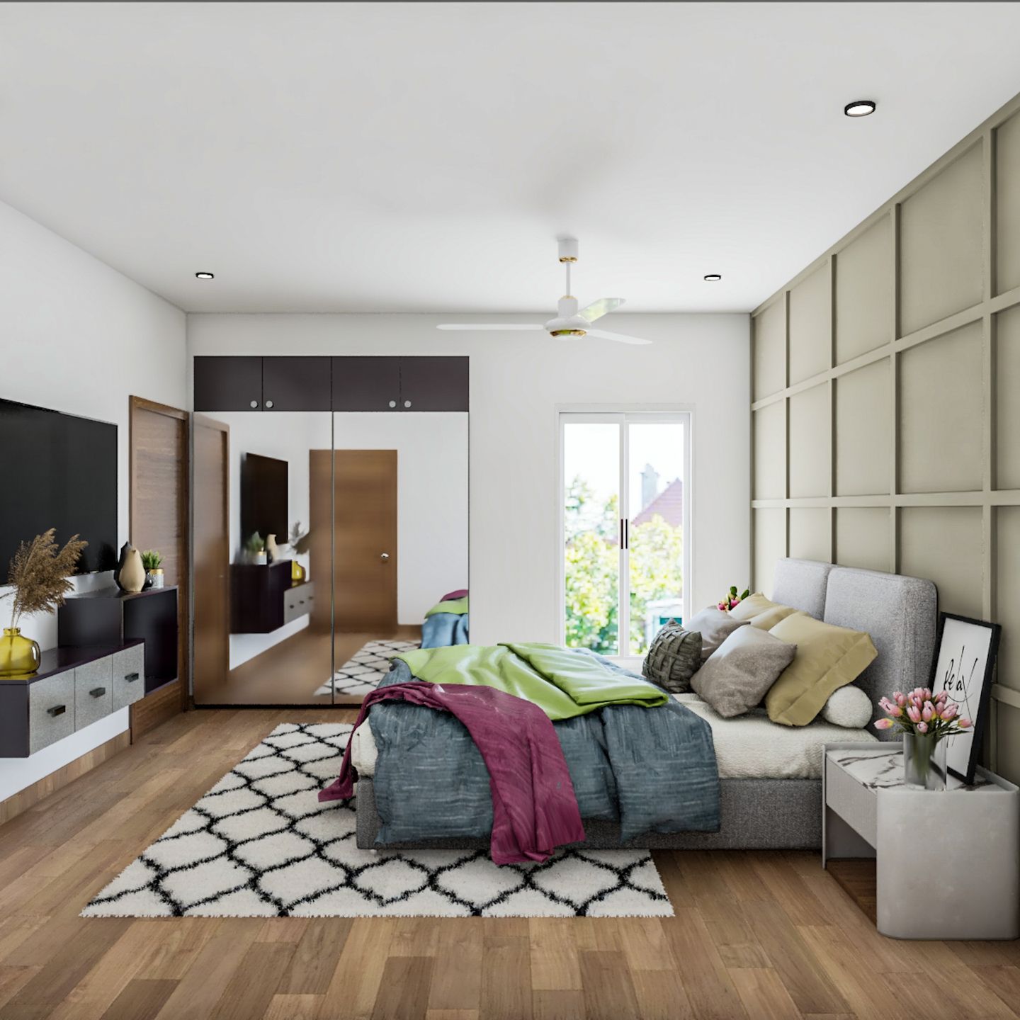Modern Bedroom Design With Beige Wall Trims - Livspace