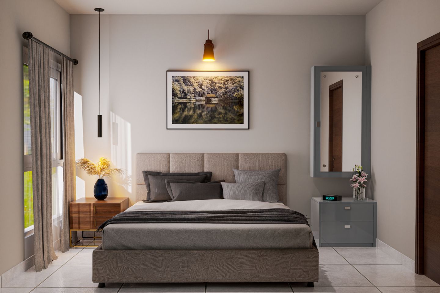 Spacious Master Bedroom Design With Beige Tufted Headboard | Livspace