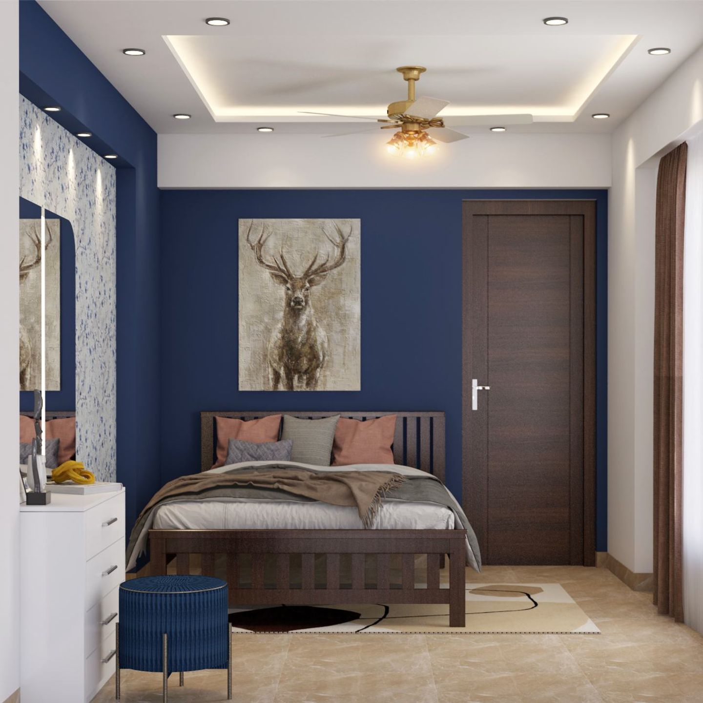 Modern Master Bedroom Design With Dark Blue Accent Wall | Livspace