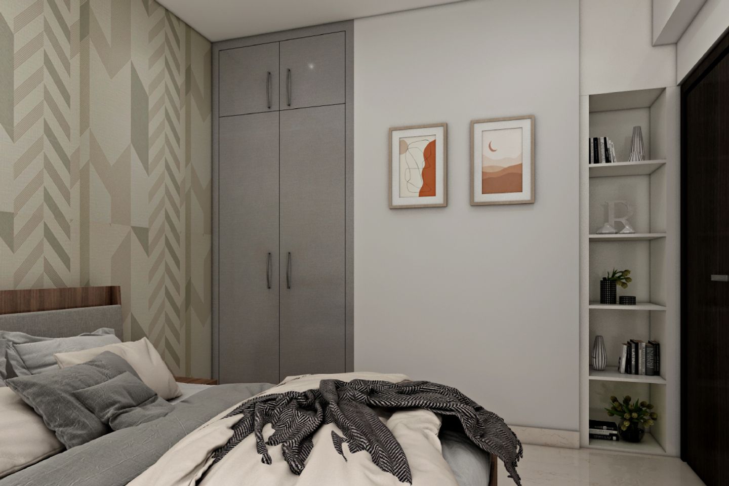 Master Bedroom Design With Beige Wallpaper And Grey Wardrobe | Livspace