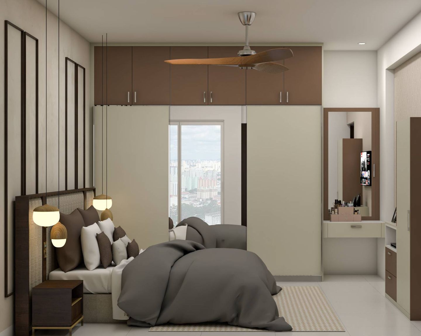 Mild Grey-Themed Master Bedroom Design With Black Trims