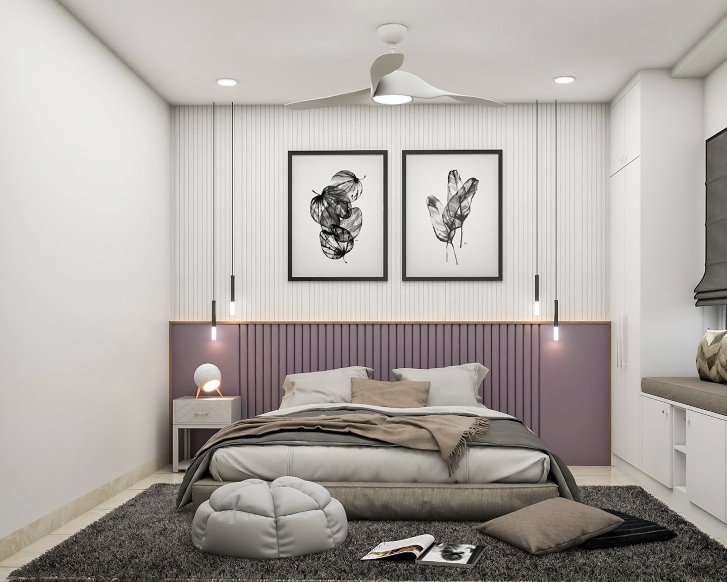 Lavender And White Modern Master Bedroom Design | Livspace