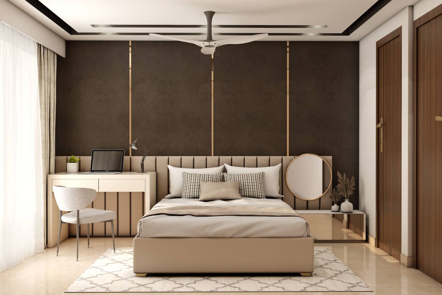 Master Bedroom With Dark Brown Headboard Wall - Livspace