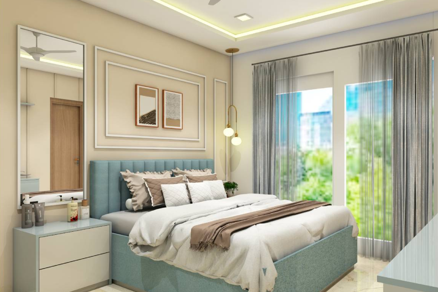 Spacious Master Bedroom Design With Light Blue Bed | Livspace