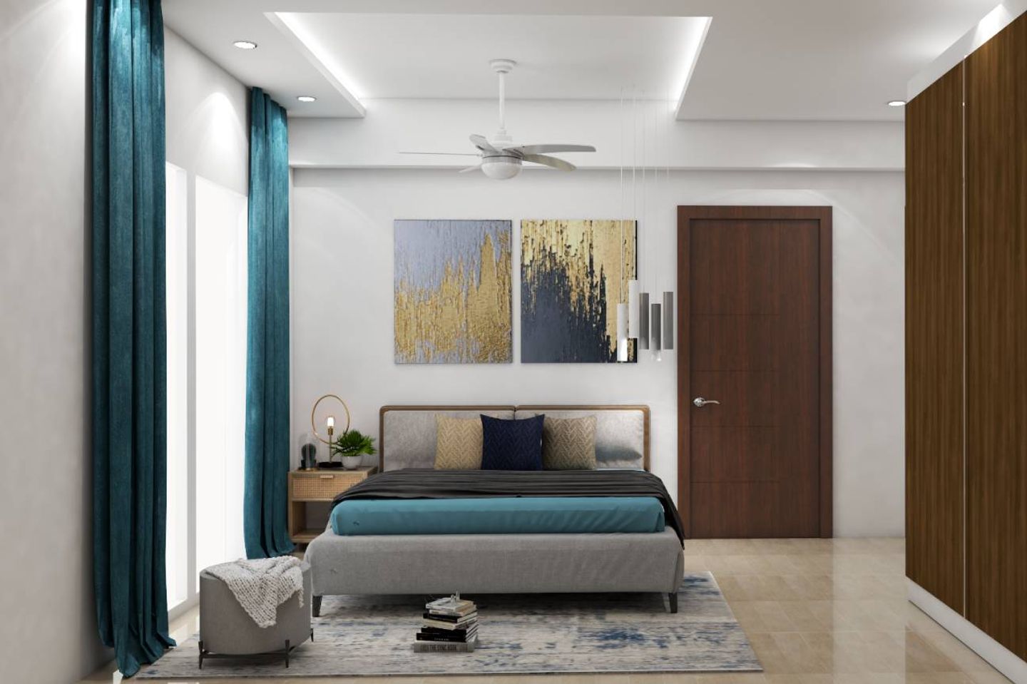 Modern false ceiling with white color temperature lighting and turquoise accents - Livspavce