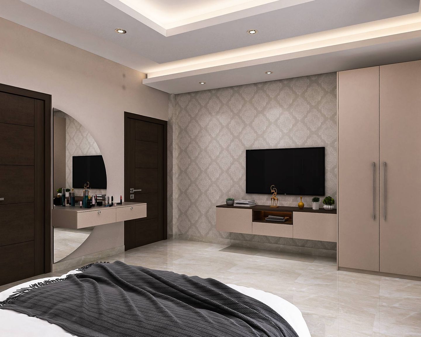 Modern Master Bedroom Design With White Wall Trims