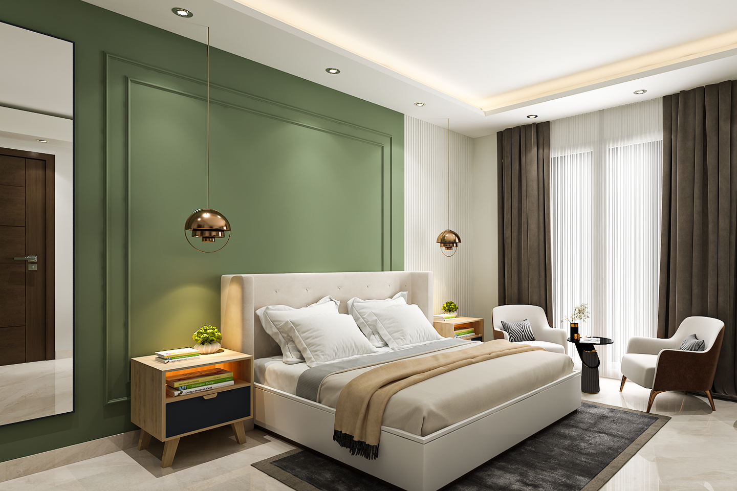 Modern Bedroom Design With Green Wall - Livspace
