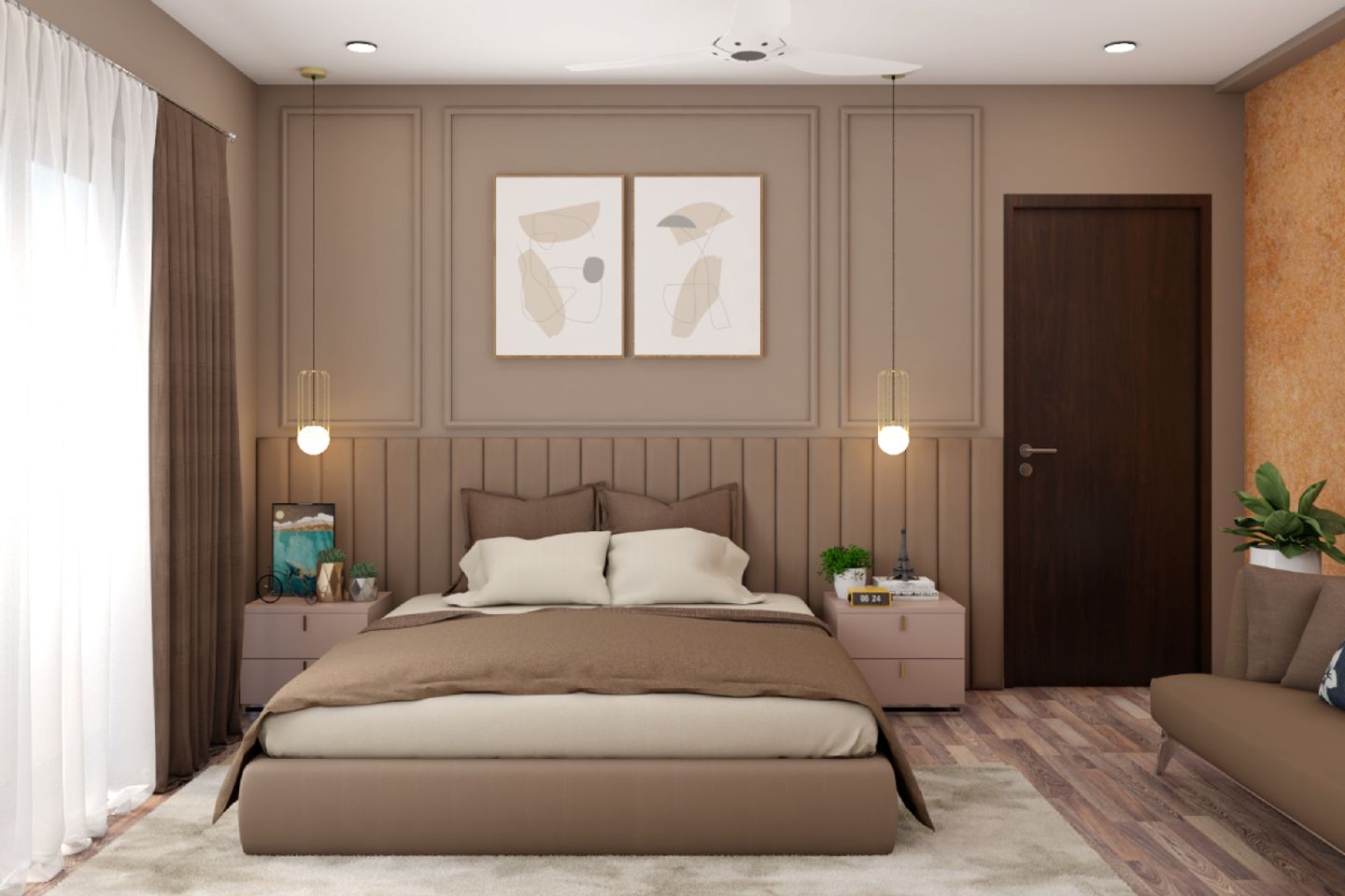 Master Bedroom With Tufted Beige Backpanel - Livspace