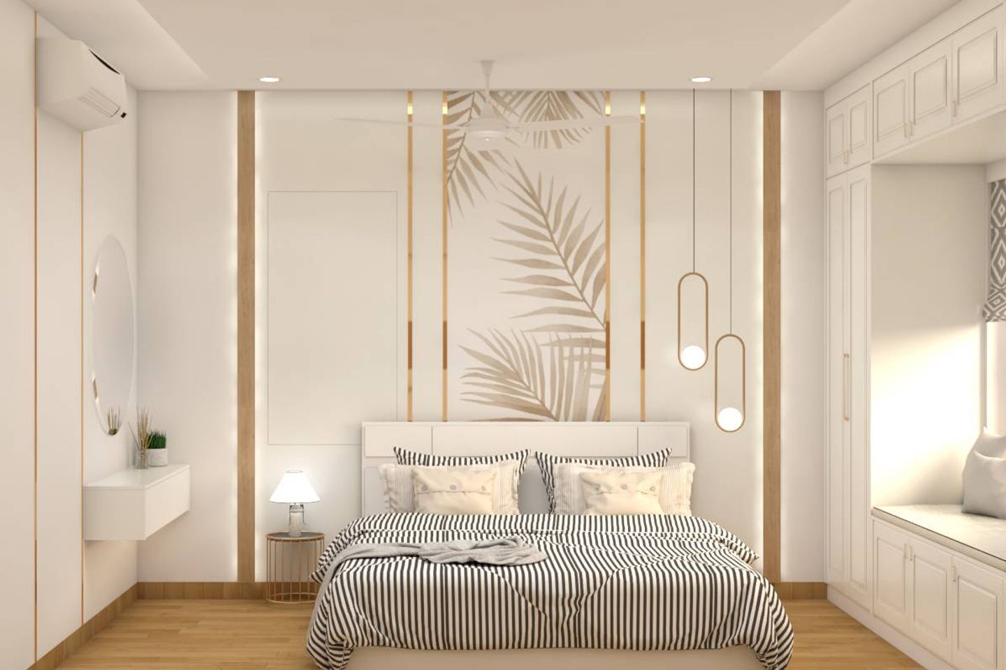 Pure-White Master Bedroom Design With Ambient Lighting And Storage Seater | Livspace
