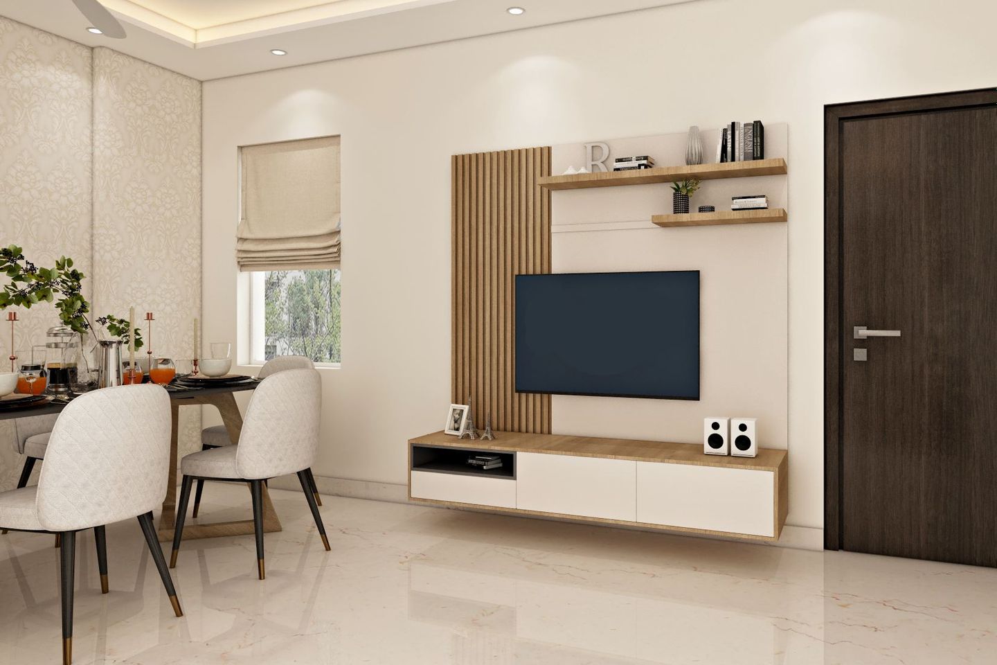 Wood And Beige TV Unit Design - Livspace