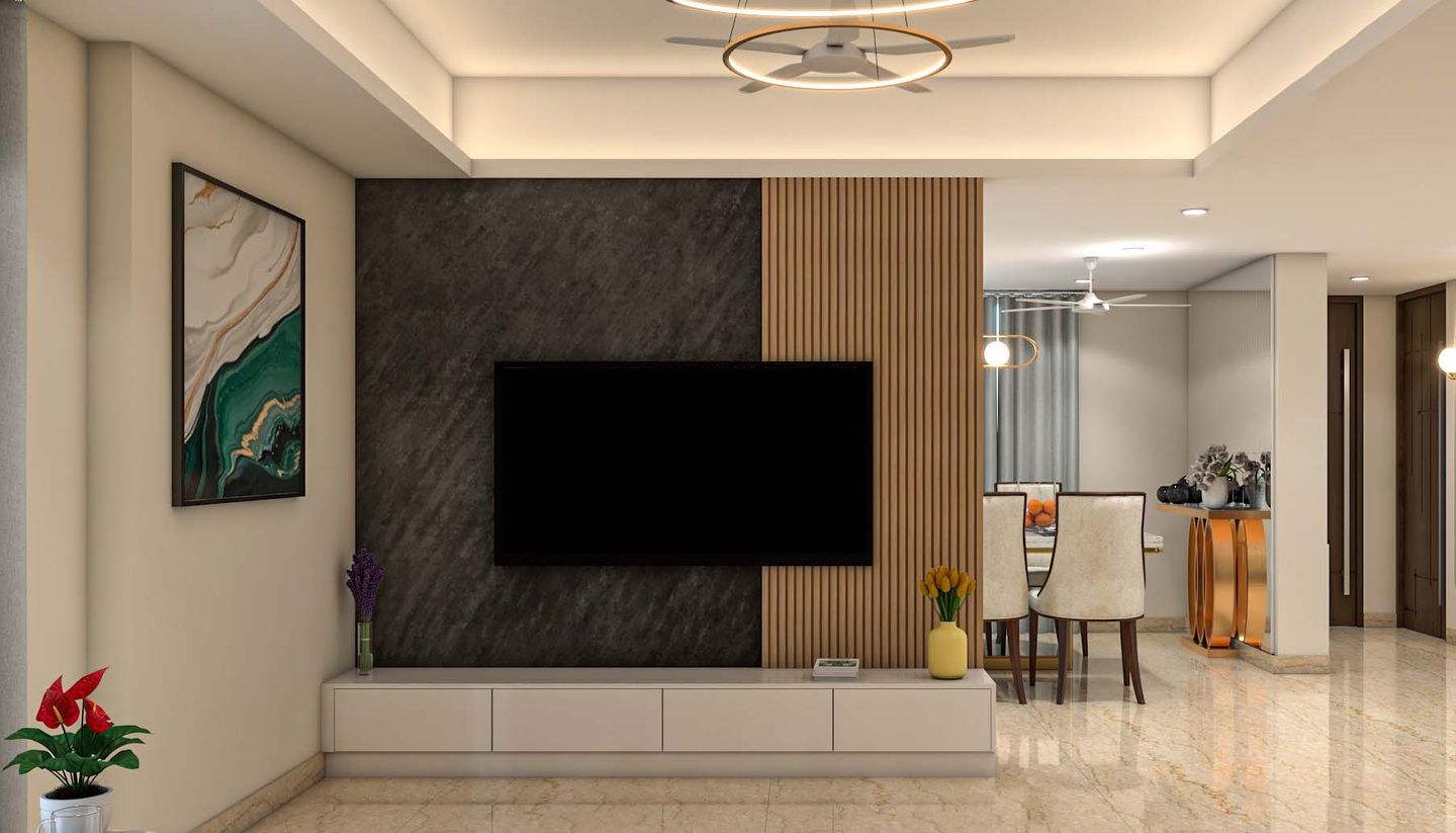 Contemporary TV Unit Design With Black Marble And Wooden Rafters Livspace