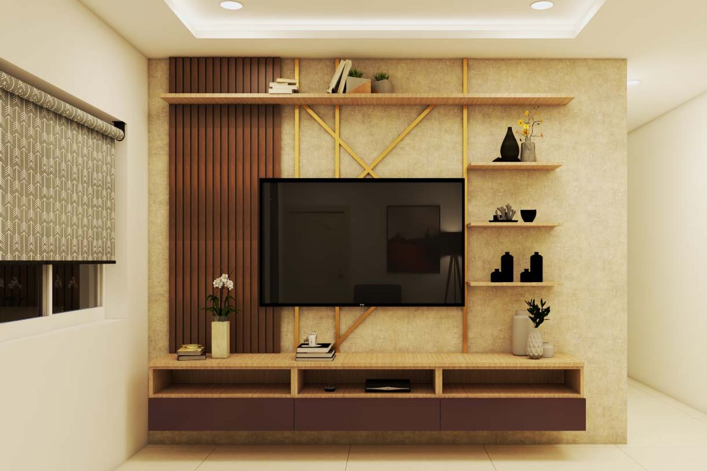 Classic TV Unit Design With Wooden Rafters Livspace