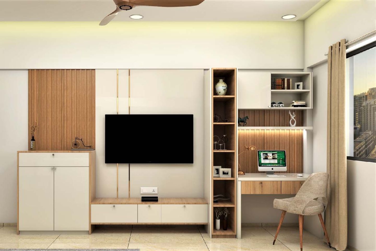 Spacious TV Unit Design With Study Unit And Foyer Livspace