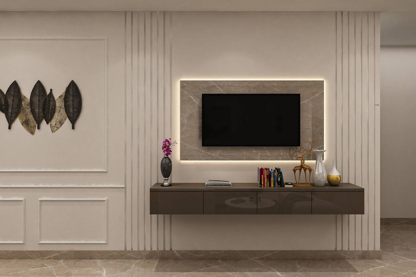 Modern TV Unit Design With White Wall Trims And Grey Panel Livspace