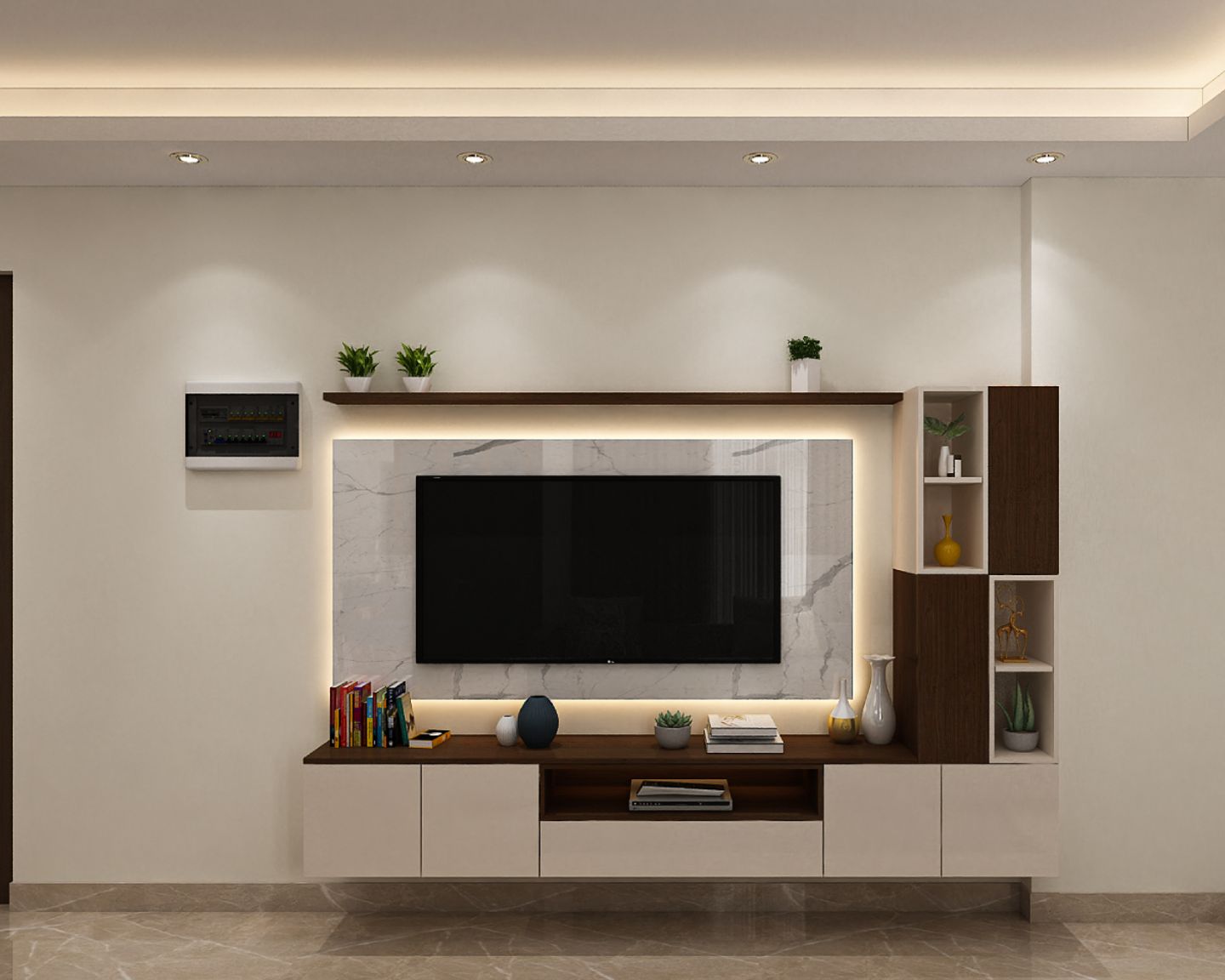 Compact TV Unit Design With White Panel And Wooden Storage | Livspace