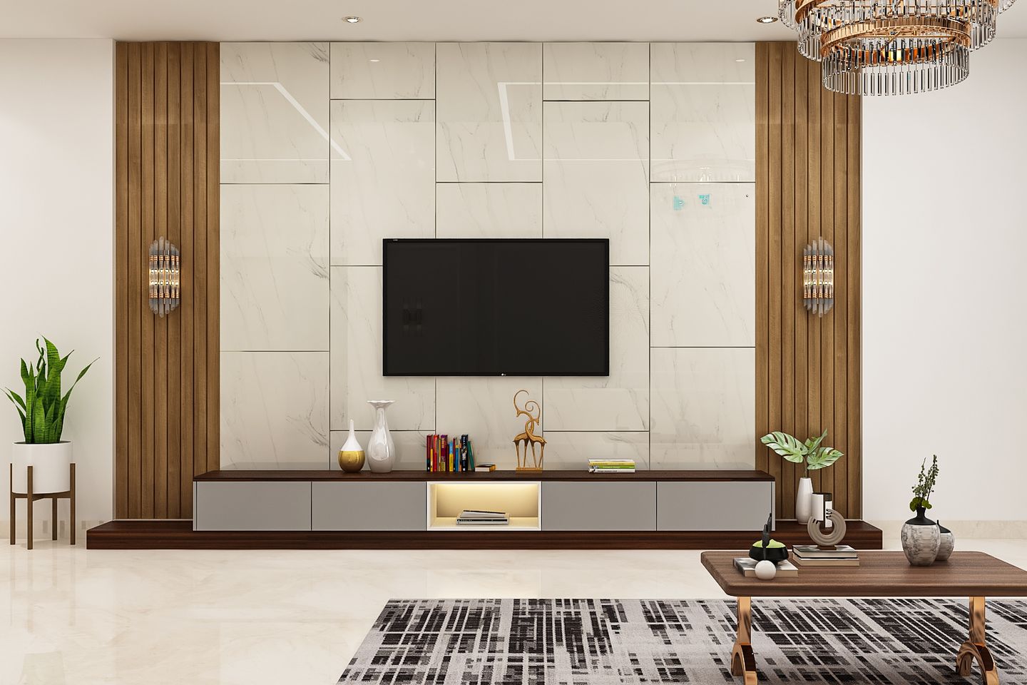 Premium TV Unit Design with Wooden Panels and Dark-Shaded Storage Unit ...