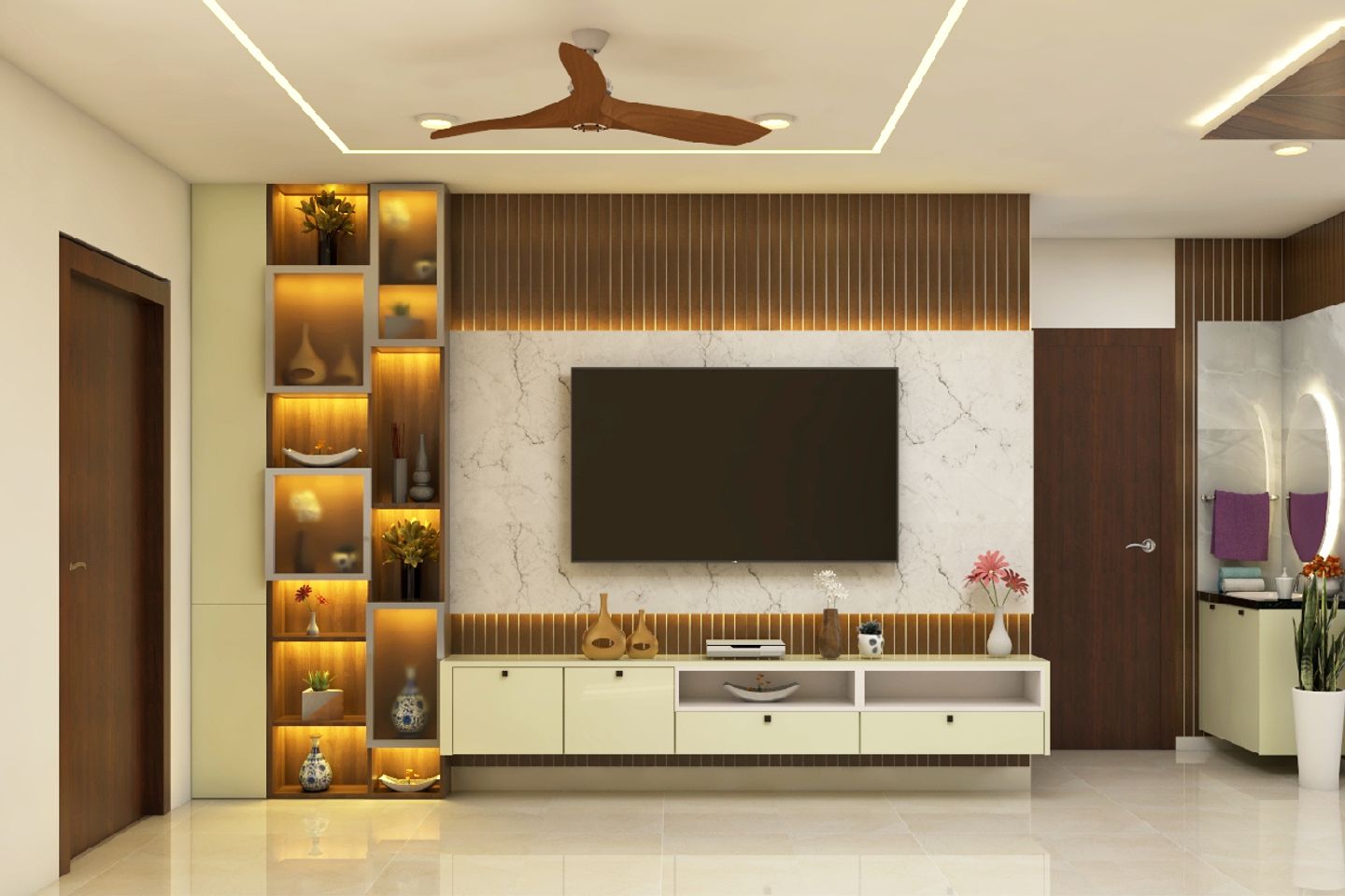 Contemporary TV Unit Design With Vertical Wooden Panels - Livspace