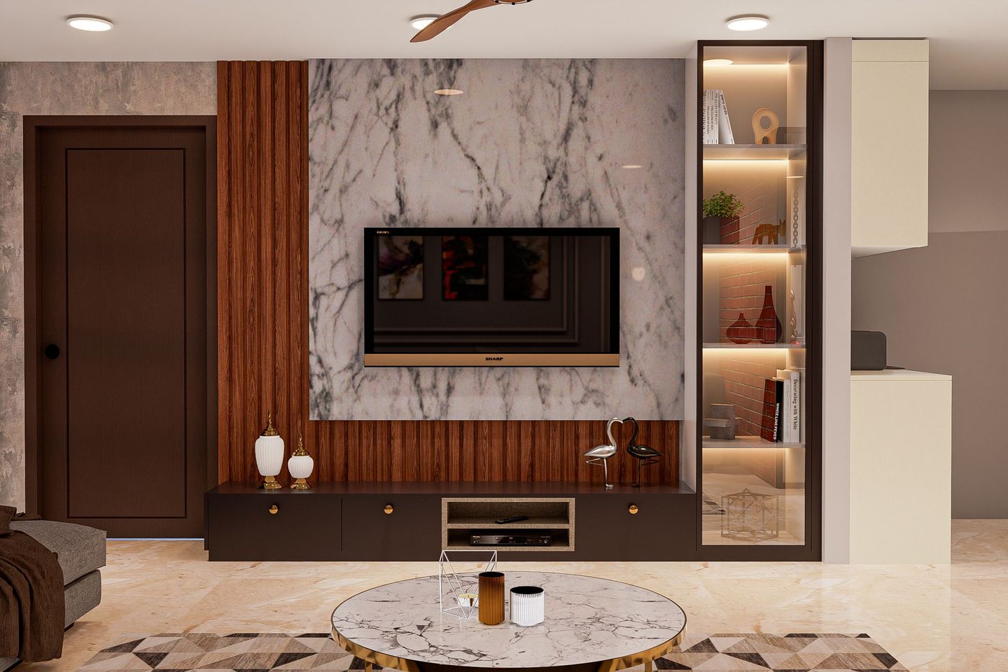 Contemporary TV Unit Design With Wooden Reapers And Marble Wall Panel ...