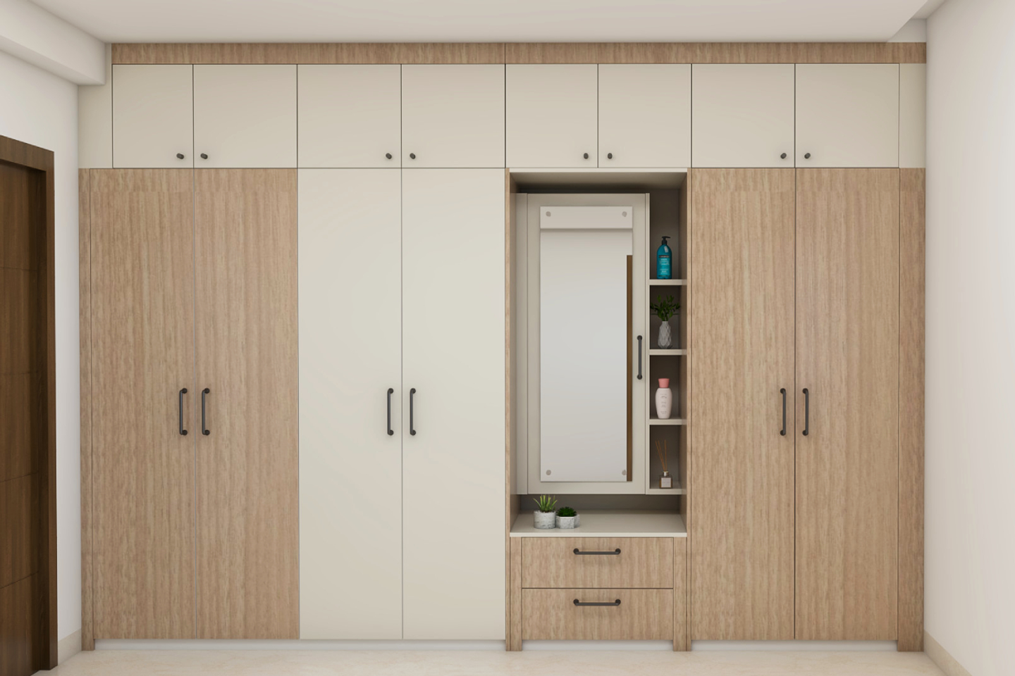 Modern Wardrobe With With Beige Laminates And Swing Shutter | Livspace