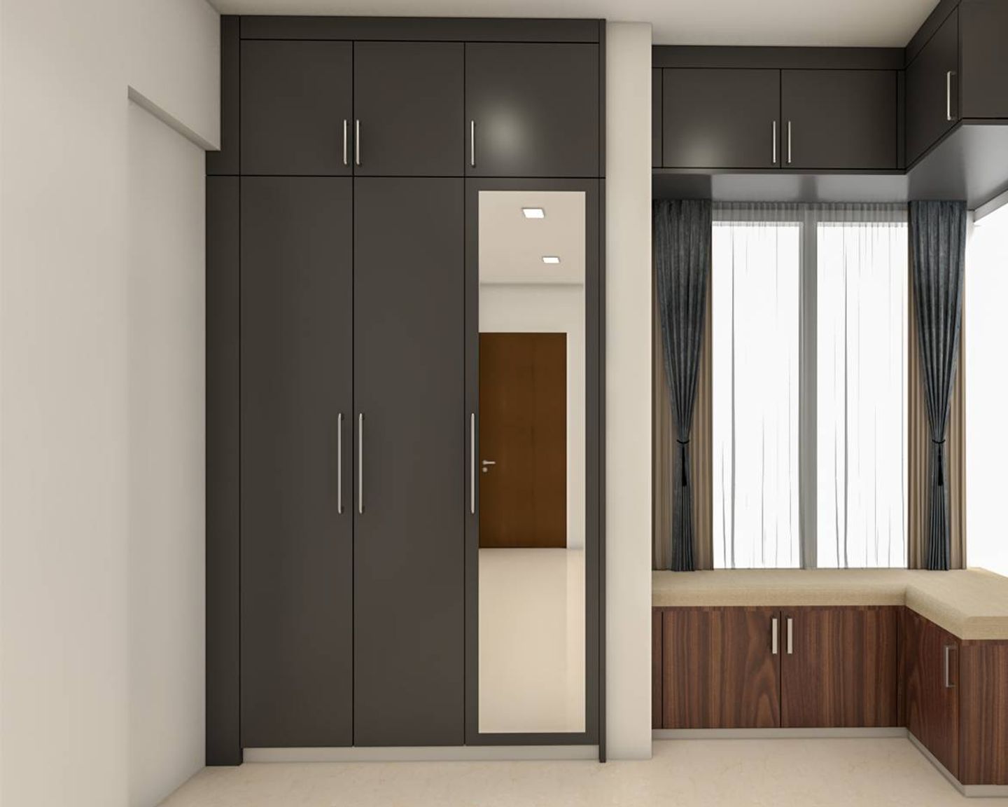 Modern Grey Coloured Wardrobe Design With Mirror Panelling | Livspace