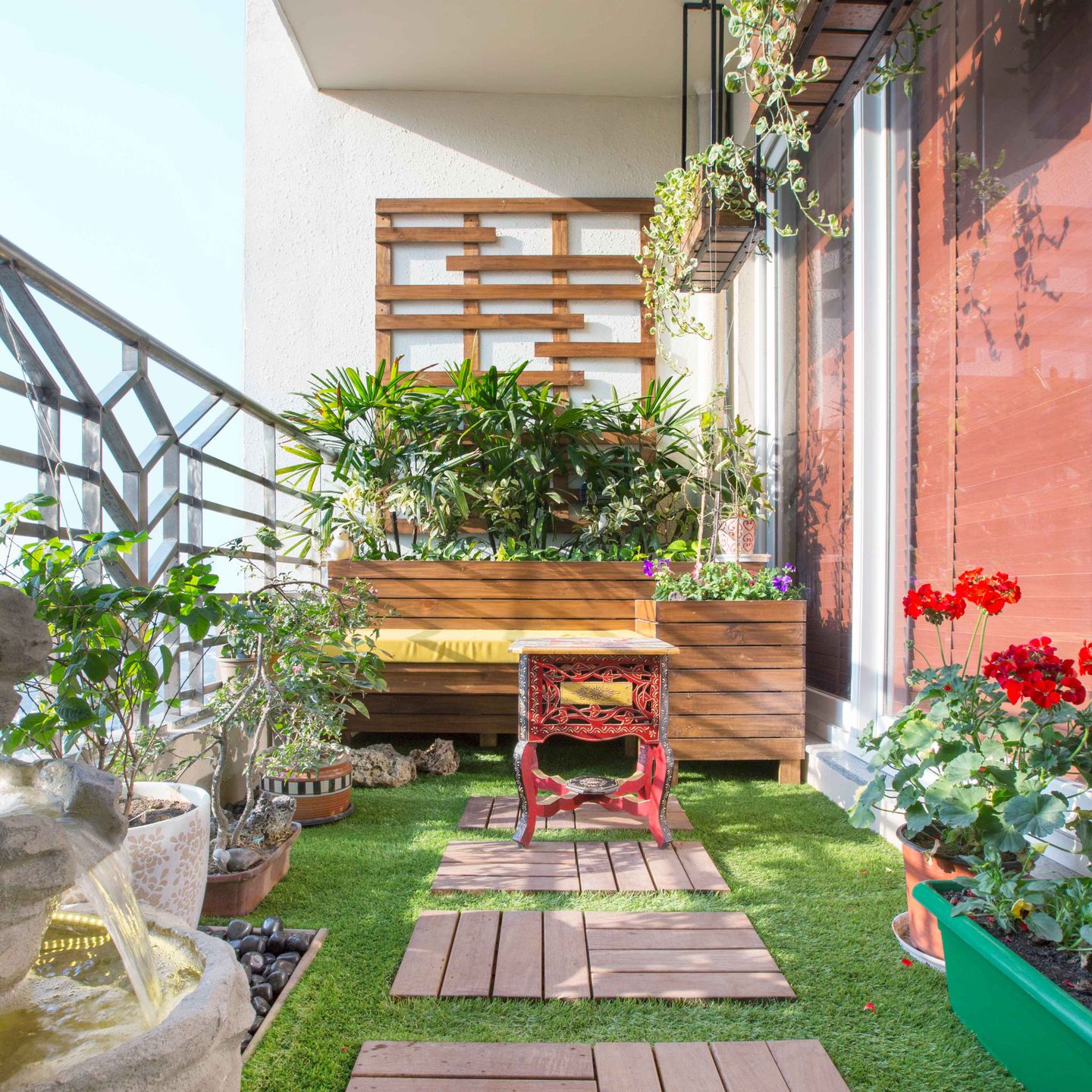 Modern Balcony Design with Wooden Grid Wall, Grass Mat, Wooden Bench, and Unique Wooden Planks - Livspace