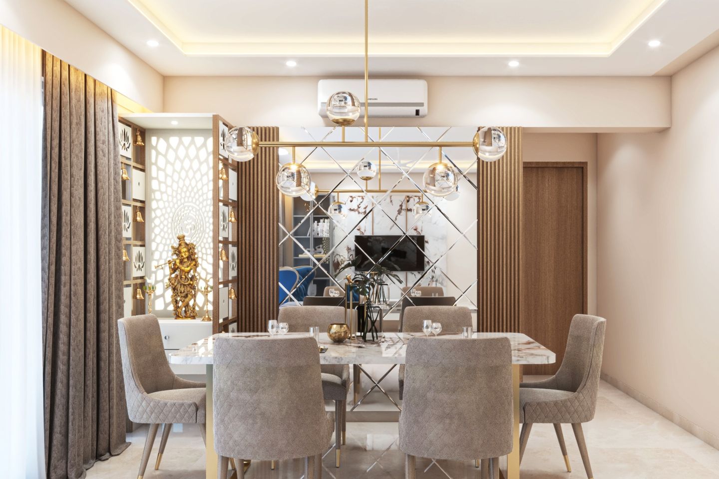 13x12 Ft  6-Seater Dining Room Design With Mirror Panel Wall And Integrated Pooja Unit - Livspace