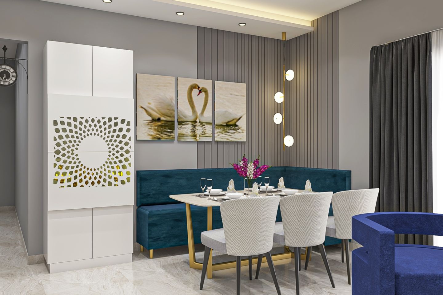 11x10 Ft  3-Seater White Dining Room Design With L-Shaped Blue Velvet Seater - Livspace