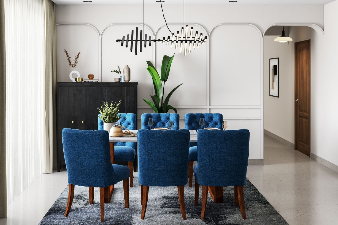 15x13 Ft  6-Seater Dining Room Design With Blue Upholstered Chairs - Livspace
