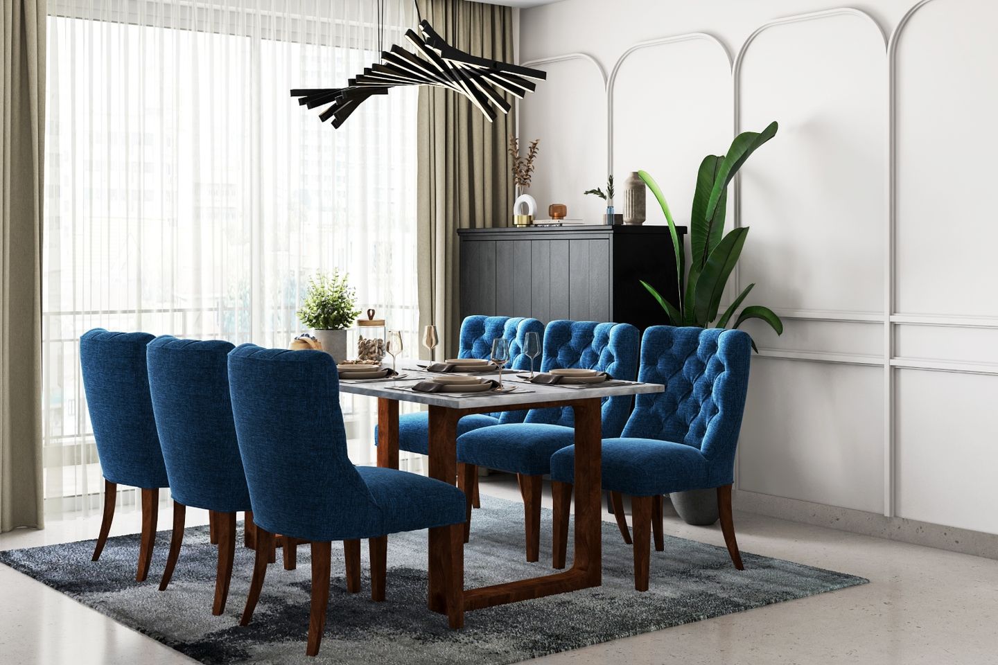 Modern 6-Seater Dining Room Design With Blue Upholstered Chairs