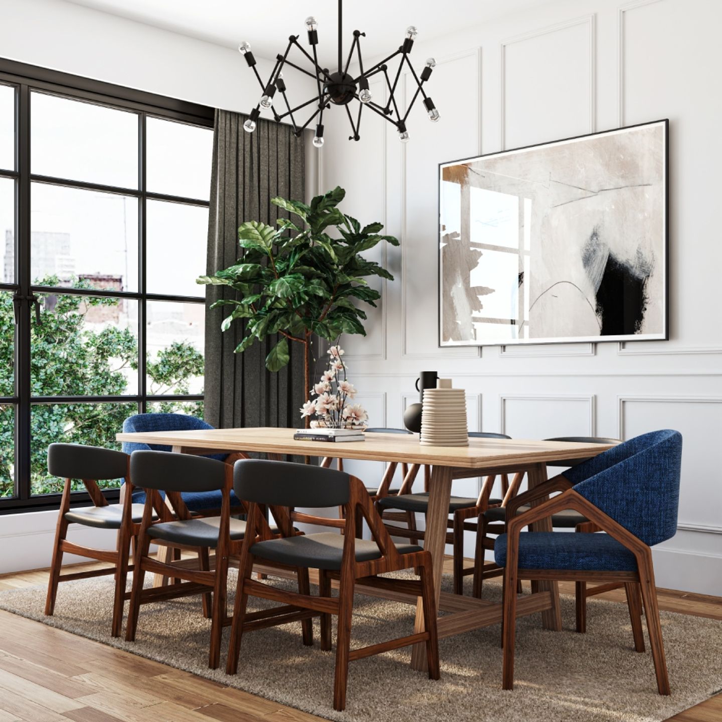 Modern 8-Seater Wooden Dining Room Design With Grey And Blue Chairs