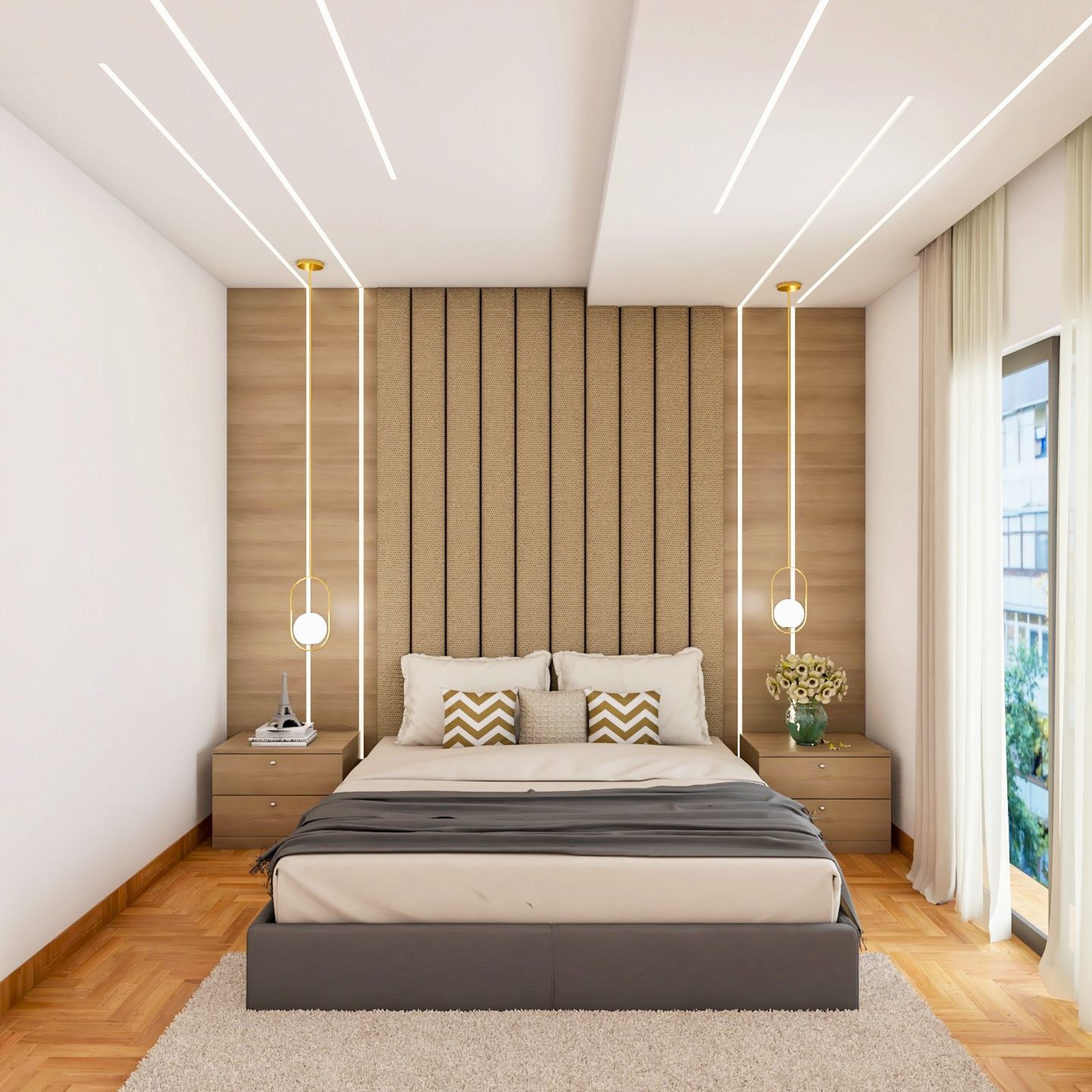 Bedroom False Ceiling Design With White Stripes And Wooden Accent Wall - Livspace