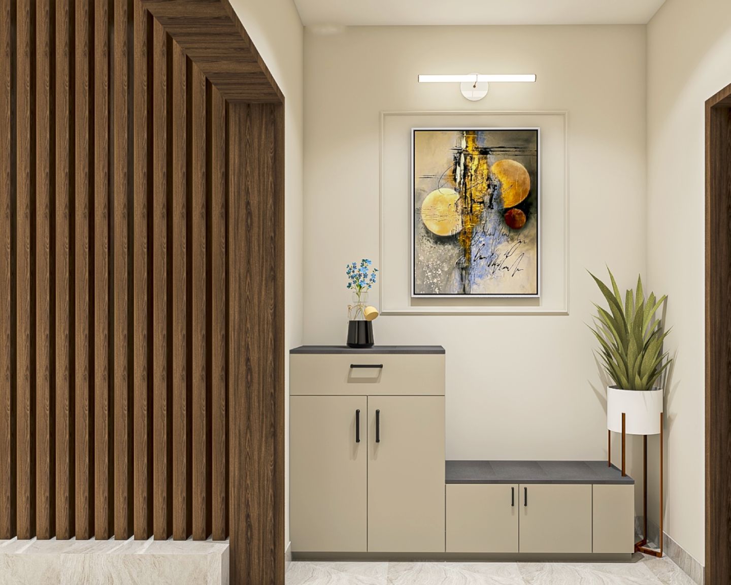 8x10 Ft Modern Foyer Design with Irish Cream Base Cabinet and Closed Shutter Storage - Livspace