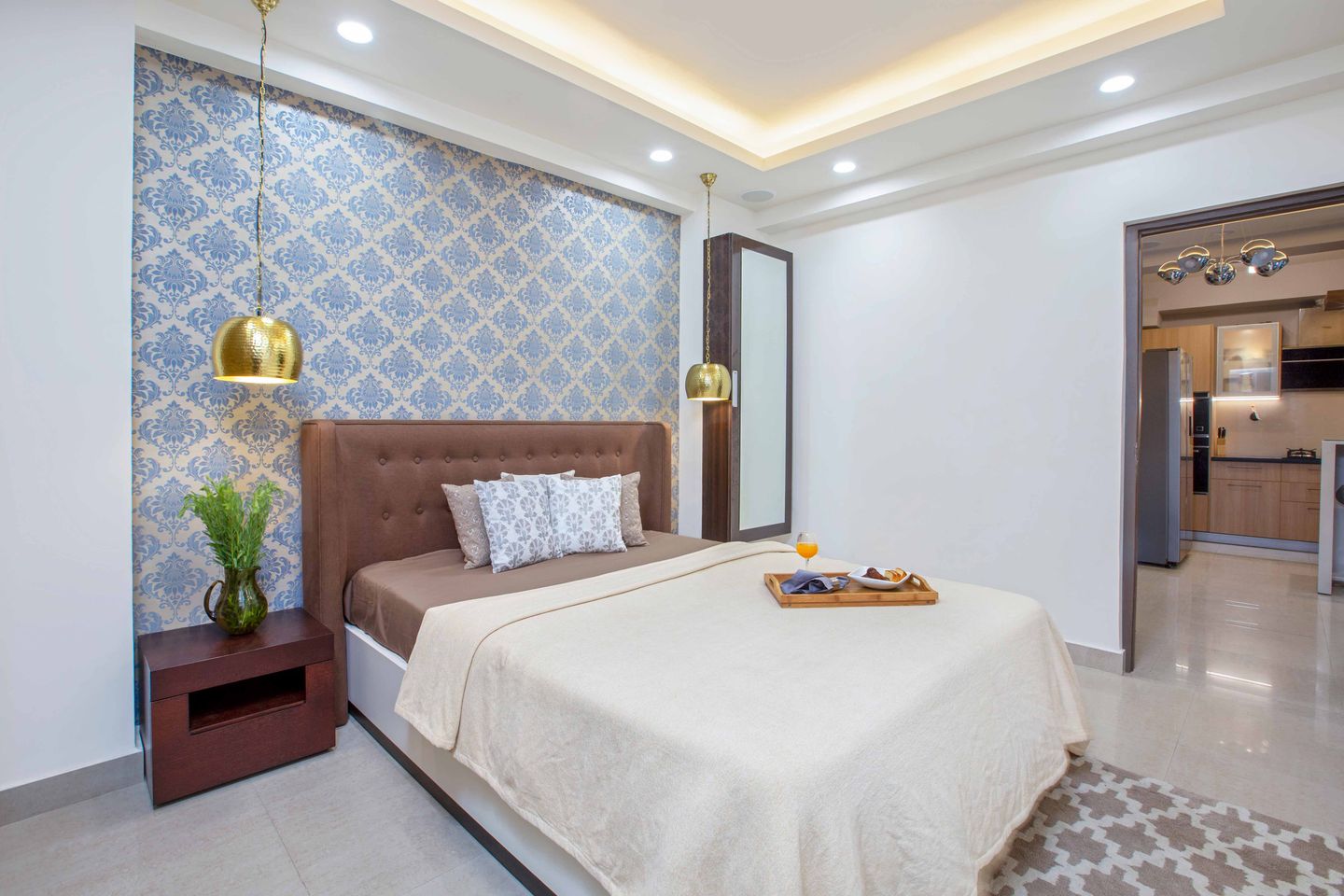 9x9 Ft  Guest Bedroom Design With Blue And Beige Damask Wallpaper - Livspace