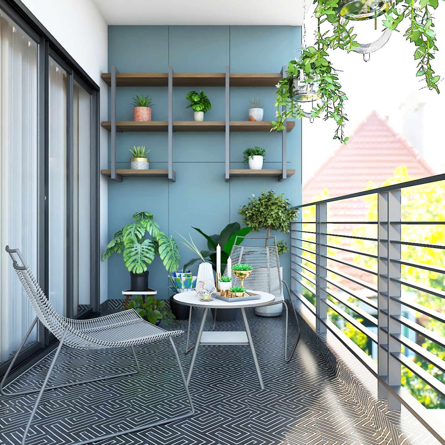 Contemporary Balcony Design with Blue Accent Wall, Floating Ledges, Black and White Abstract Flooring, White Rattan Furniture, and Round Table - Livspace