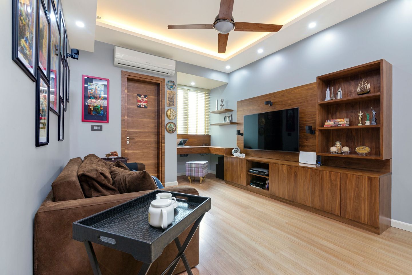 Modern Walnut Bronze Home Office Design With Overhead Open Unit - Livspace
