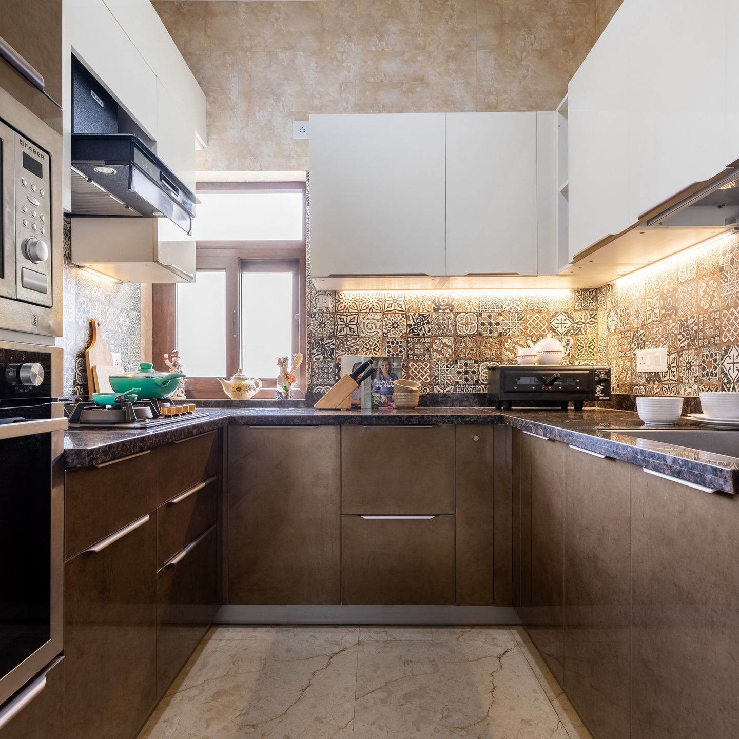 U-Shaped Brown And White Kitchen With Moroccan Backsplash - Livspace
