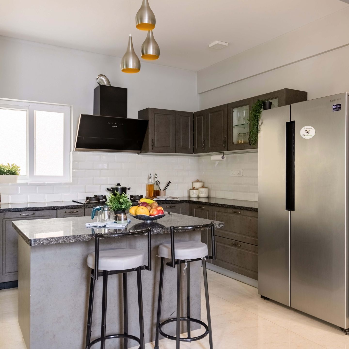 Grey L-Shaped Kitchen Design With Kitchen Island - Livspace