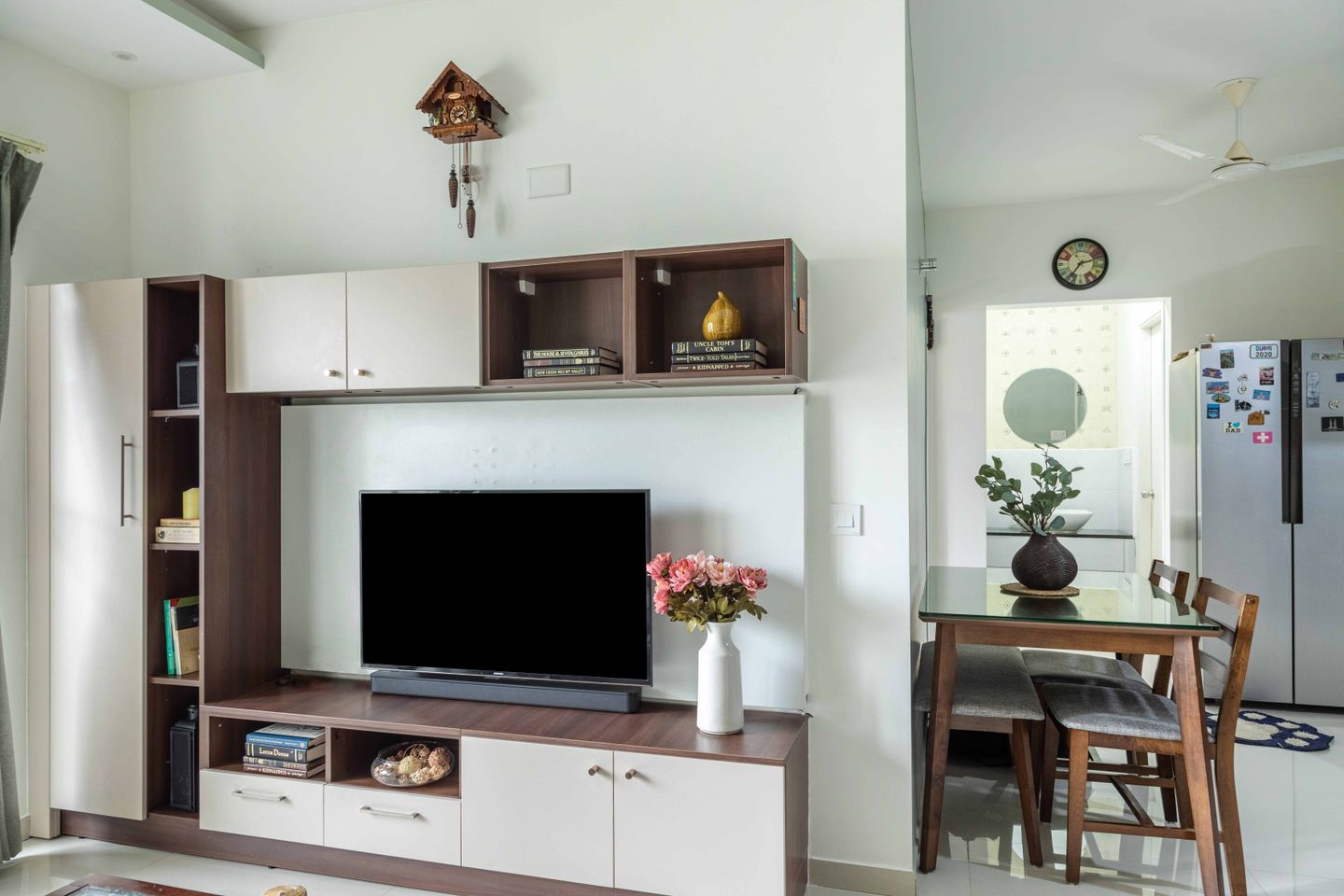 White And Wood Floor-Mounted TV Unit Design - Livspace