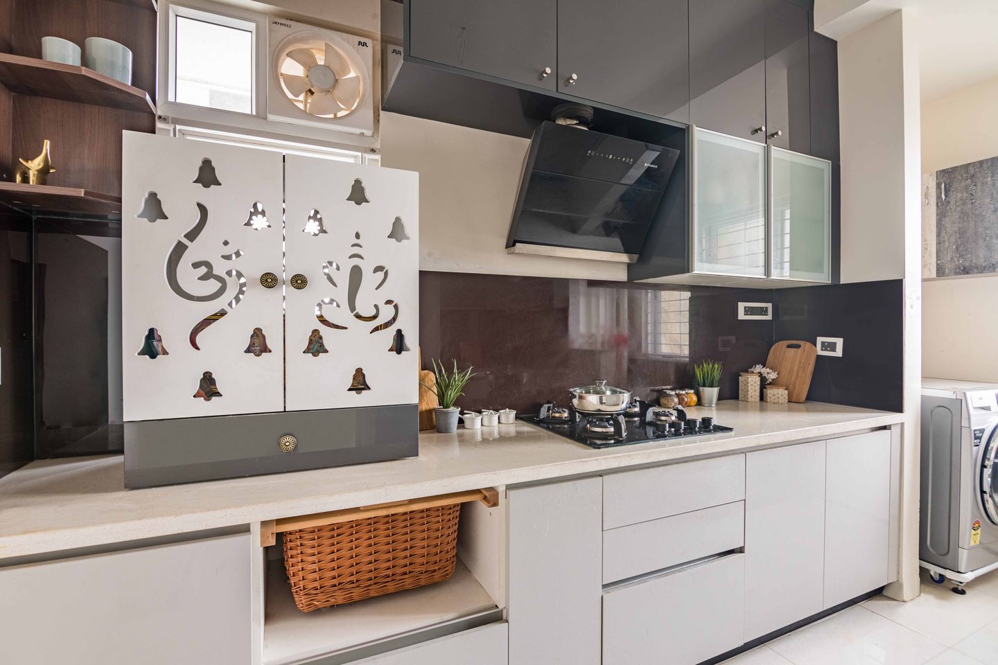 Grey And White Kitchen Design With Integrated Pooja Unit - Livspace