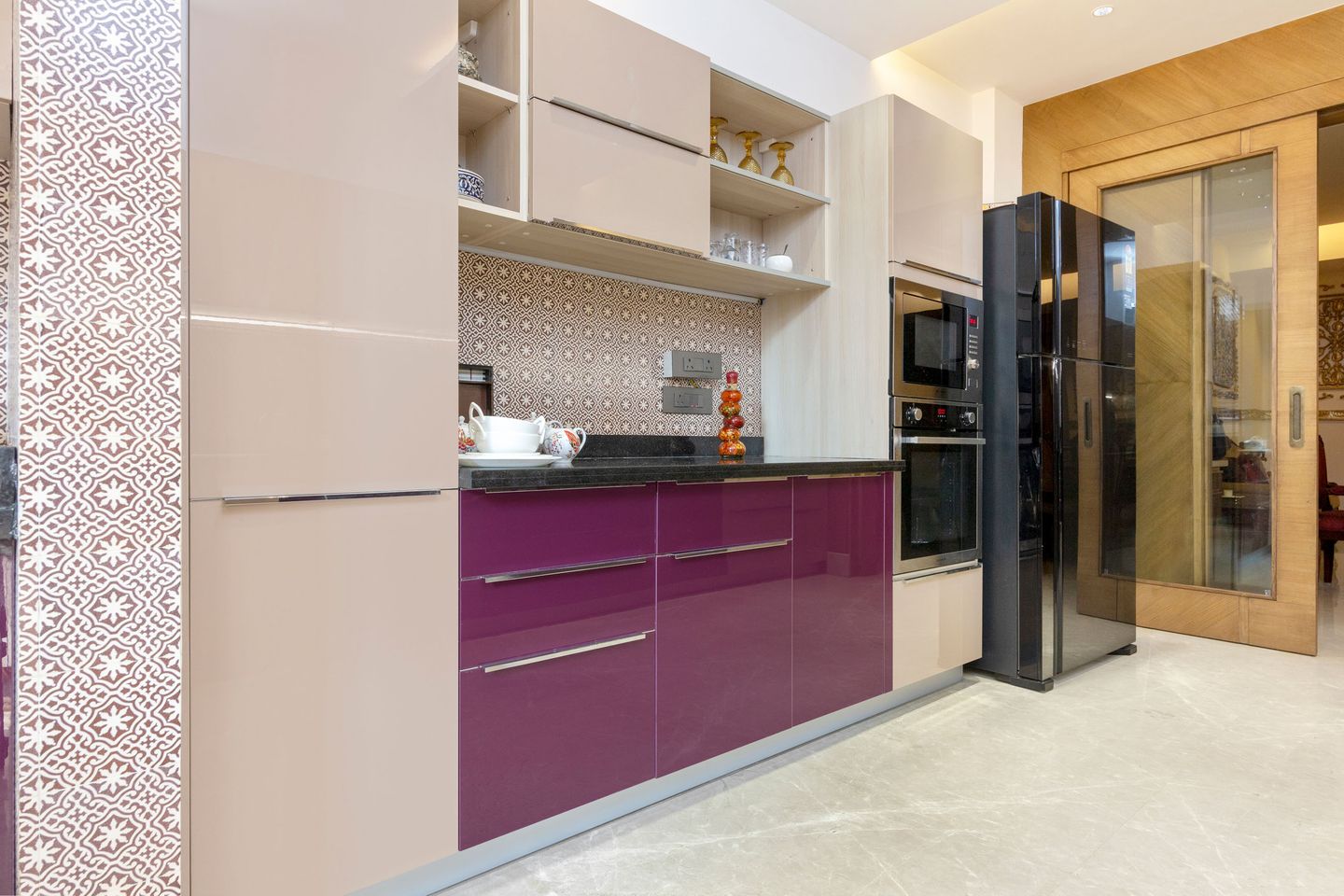 Parallel Beige And Purple Glossy Kitchen Design With OTG Unit - Livspace