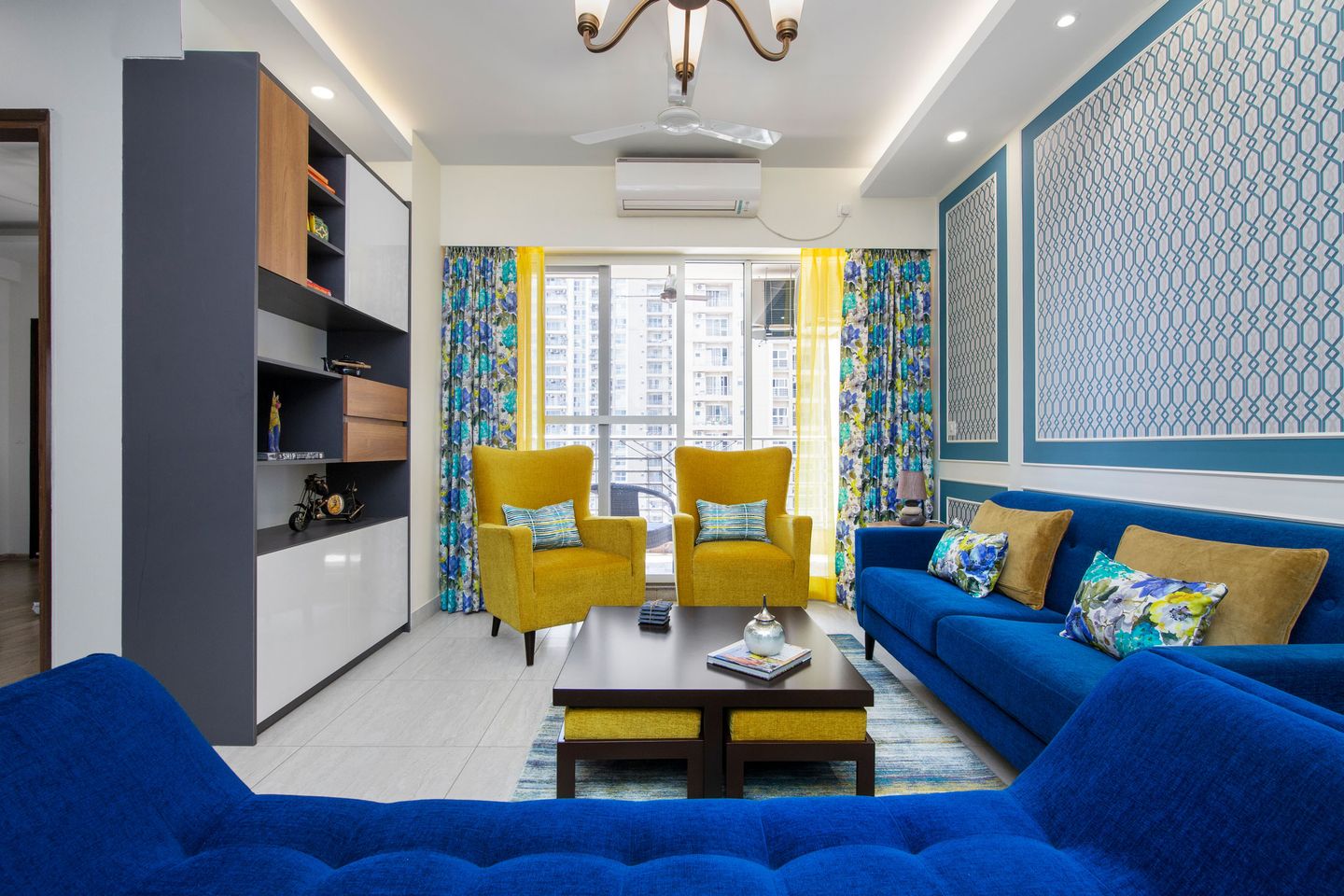 Blue And Yellow Living Room Design - Livspace