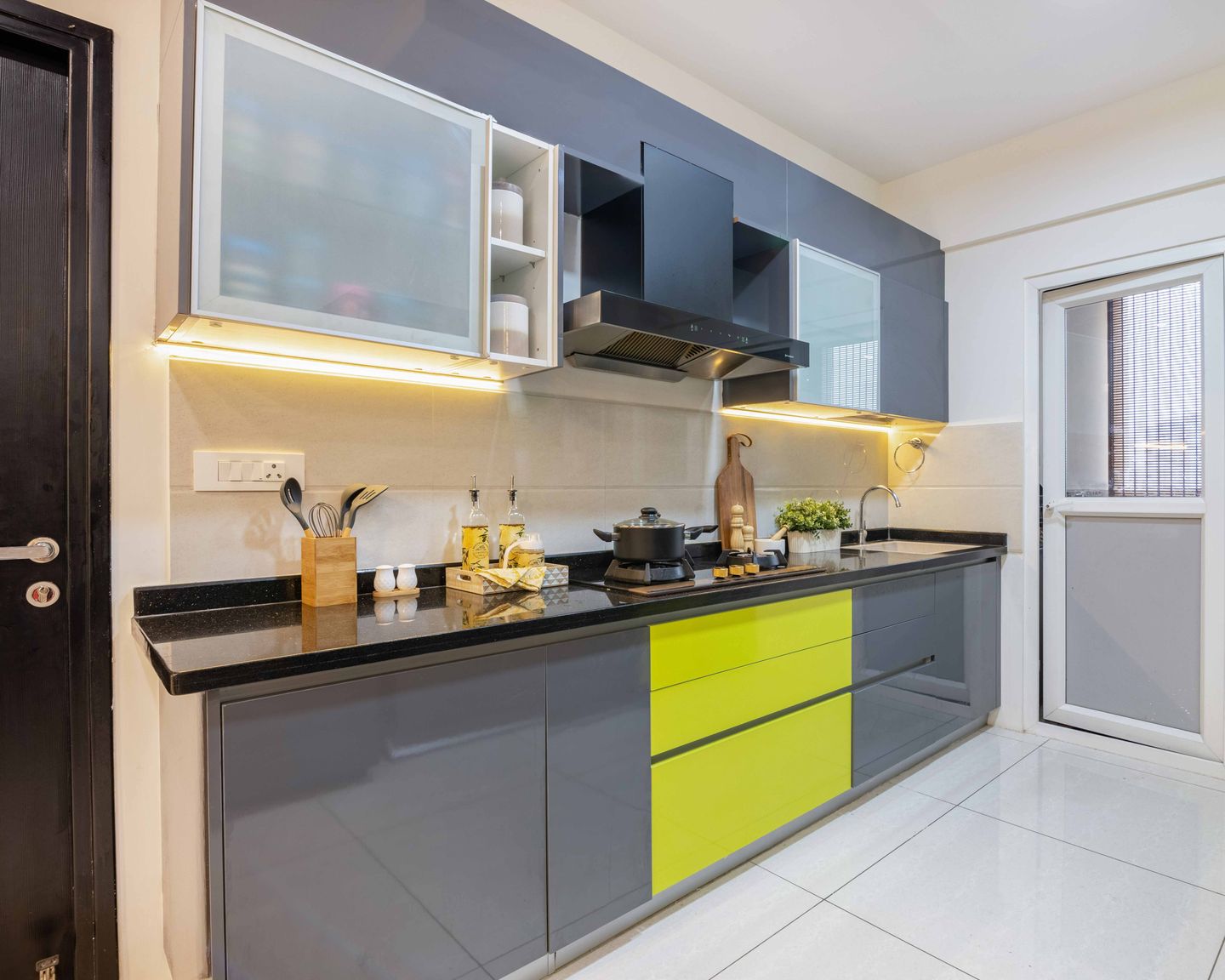 Modern Parallel Kitchen Design with Elegant Grey and Plankton Cabinets
