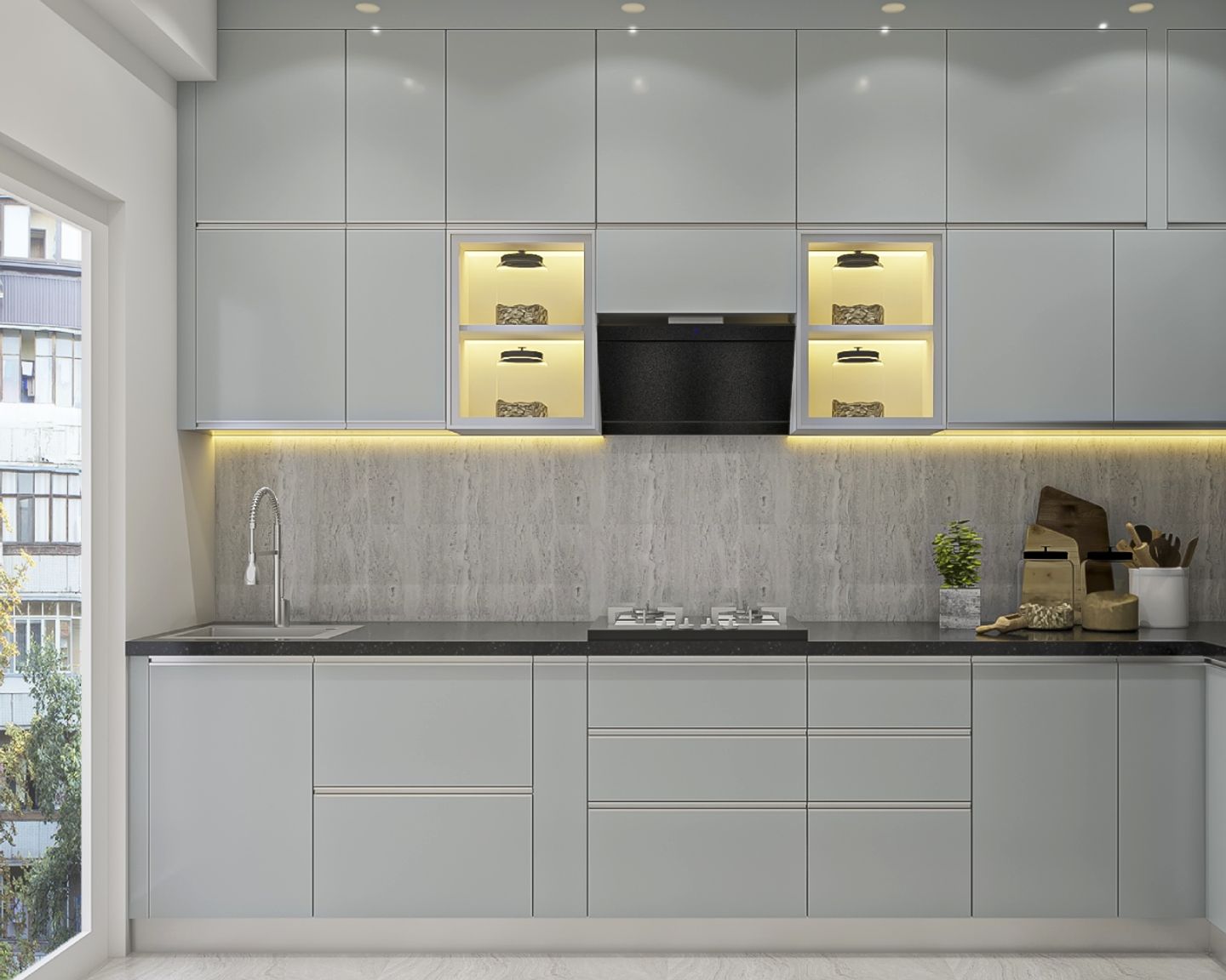 Grey L-Shape Modular Kitchen Design - 11x5 Ft | Livspace